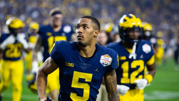 Dec 31, 2022; Glendale, Arizona, USA; Michigan Wolverines defensive back DJ Turner (5) against the TCU Horned Frogs in the 2022 Fiesta Bowl at State Farm Stadium. Mandatory Credit: Mark J. Rebilas-USA TODAY Sports